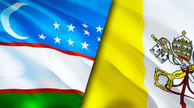 Özbekistan ve Vatikan bayrakları. 3 boyutlu dalgalanan bayrak tasarımı. Özbekistan Vatikan bayrağı, resmi, duvar kağıdı. Özbekistan, Vatikan imajına karşı, 3 boyutlu canlandırma. Özbekistan Vatikan ilişkileri bir ittifak