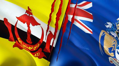 Brunei ve Tristan da Cunha yara izi olan bayraklar. Dalgalanan bayrak, 3 boyutlu görüntüleme. Brunei ve Tristan da Cunha çatışma konsepti. Brunei Tristan da Cunha ilişkileri kavramı. Brunei ve Tristan d.