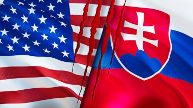 ABD ve Slovakya yara izi kavramına sahip bayraklar. Dalgalanan bayrak, 3 boyutlu görüntüleme. ABD ve Slovakya çatışma konsepti. ABD Slovakya ilişkileri kavramı. ABD ve Slovakya bayrağı krizi, savaş, saldırı konsepti