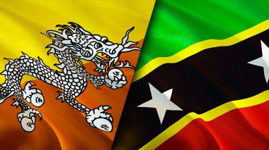 Butan, Saint Kitts ve Nevis bayrakları. 3 boyutlu dalgalanan bayrak tasarımı. Butan Saint Kitts ve Nevis bayrağı, resim, duvar kağıdı. Bhutan, Saint Kitts ve Nevis 'e karşı, görüntü 3 boyutlu. Butan Saint Kitts ve Nevi