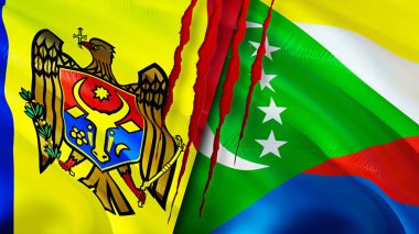 Yara izi olan Moldova ve Komoros bayrakları. Dalgalanan bayrak, 3 boyutlu görüntüleme. Moldova ve Komoros çatışma konsepti. Moldova Komoros ilişkileri kavramı. Moldova ve Komoros bayrağı krizi, savaş, saldırı konsepti