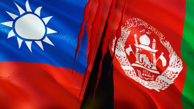 Yara izi olan Tayvan ve Afganistan bayrakları. Dalgalanan bayrak, 3 boyutlu görüntüleme. Tayvan ve Afganistan çatışma konsepti. Tayvan Afganistan ilişkileri kavramı. Tayvan bayrağı ve Afganistan krizi, savaş
