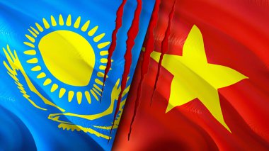 Yara izi olan Kazakistan ve Vietnam bayrakları. Dalgalanan bayrak, 3 boyutlu görüntüleme. Kazakistan ve Vietnam çatışması konsepti. Kazakistan Vietnam ilişkileri kavramı. Kazakistan bayrağı ve Vietnam krizi, savaş