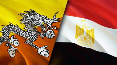 Butan ve Mısır bayrakları. 3 boyutlu dalgalanan bayrak tasarımı. Butan Mısır bayrağı, resim, duvar kağıdı. Butan, Mısır 'a karşı görüntüsü, 3 boyutlu canlandırma. Butan Mısır ilişkileri ittifak ve ticaret, seyahat, turizm konsepti