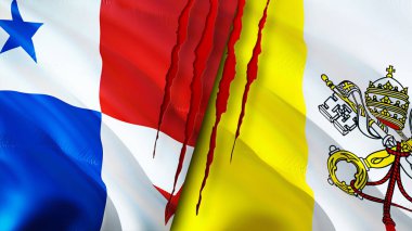 Panama ve Vatikan bayrakları yara izi konseptiyle. Dalgalanan bayrak, 3 boyutlu görüntüleme. Panama ve Vatikan çatışma konsepti. Panama Vatikan ilişkileri kavramı. Panama bayrağı ve Vatikan krizi, savaş, saldırı konsepti