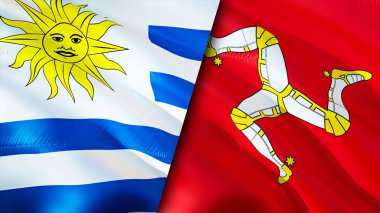 Uruguay ve Man Adası bayrakları. 3 boyutlu dalgalanan bayrak tasarımı. Uruguay Man Adası bayrağı, resim, duvar kağıdı. Uruguay vs Man Adası görüntüsü, 3D görüntüleme. Uruguay Man Adası İlişkiler Birliği