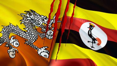 Bhutan ve Uganda yara izi olan bayraklar. Dalgalanan bayrak, 3 boyutlu görüntüleme. Bhutan ve Uganda çatışma konsepti. Butan Uganda ilişkileri kavramı. Bhutan bayrağı ve Uganda krizi, savaş, saldırı konsepti
