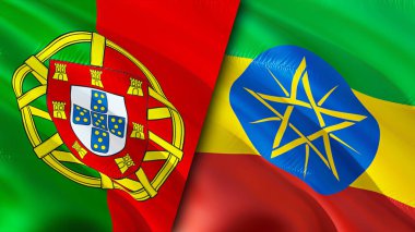Portekiz ve Etiyopya bayrakları. 3 boyutlu dalgalanan bayrak tasarımı. Portekiz Etiyopya bayrağı, resim, duvar kağıdı. Portekiz Etiyopya 'ya karşı, görüntü 3 boyutlu. Portekiz Etiyopya ilişkileri ittifak ve ticaret, seyahat, turnuva