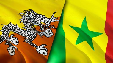 Butan ve Senegal bayrakları. 3 boyutlu dalgalanan bayrak tasarımı. Butan Senegal bayrağı, resim, duvar kağıdı. Bhutan, Senegal imajına karşı, 3D görüntüleme. Bhutan Senegal ilişkileri ittifak ve ticaret, seyahat, turizm konsepti