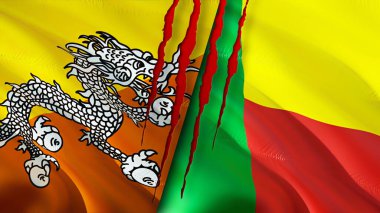 Bhutan ve Benin bayrakları ve yara izi konsepti. Dalgalanan bayrak, 3 boyutlu görüntüleme. Butan ve Benin çatışma konsepti. Butan Benin ilişkileri kavramı. Bhutan ve Benin bayrağı kriz, savaş, saldırı konsepti