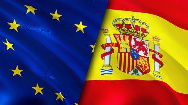 Avrupa Birliği ve İspanya bayrakları. 3 boyutlu dalgalanan bayrak tasarımı. Avrupa Birliği İspanya bayrağı, resim, duvar kağıdı. Avrupa Birliği, İspanya 'ya karşı imaj, 3D görüntüleme. Avrupa Birliği İspanya ilişkileri