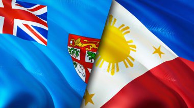 Fiji ve Filipinler bayrakları. 3 boyutlu dalgalanan bayrak tasarımı. Fiji Filipinleri bayrağı, resim, duvar kağıdı. Fiji, Filipinler 'e karşı, görüntü 3 boyutlu. Fiji Filipinler ilişkileri ittifak ve ticaret, seyahat, turnuva