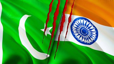 Yara izi olan Pakistan ve Hindistan bayrakları. Dalgalanan bayrak, 3 boyutlu görüntüleme. Pakistan ve Hindistan çatışma konsepti. Pakistan Hindistan ilişkileri kavramı. Pakistan bayrağı ve Hindistan krizi, savaş, saldırı konsepti