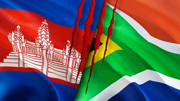 Cambodia and South Africa flags with scar concept. Waving flag,3D rendering. Cambodia and South Africa conflict concept. Cambodia South Africa relations concept. flag of Cambodia and South Afric