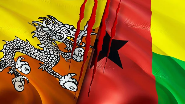 Bhutan and Guinea Bissau flags with scar concept. Waving flag,3D rendering. Bhutan and Guinea Bissau conflict concept. Bhutan Guinea Bissau relations concept. flag of Bhutan and Guinea Bissa