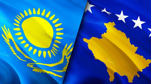Kazakhstan and Kosovo flags. 3D Waving flag design. Kazakhstan Kosovo flag, picture, wallpaper. Kazakhstan vs Kosovo image,3D rendering. Kazakhstan Kosovo relations alliance and Trade,travel,touris