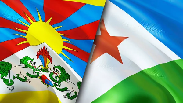 Tibet and Djibouti flags with scar concept. Waving flag,3D rendering. Tibet and Djibouti conflict concept. Tibet Djibouti relations concept. flag of Tibet and Djibouti crisis,war, attack concep