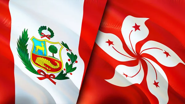Peru and Hong Kong flags. 3D Waving flag design. Peru Hong Kong flag, picture, wallpaper. Peru vs Hong Kong image,3D rendering. Peru Hong Kong relations alliance and Trade,travel,tourism concep