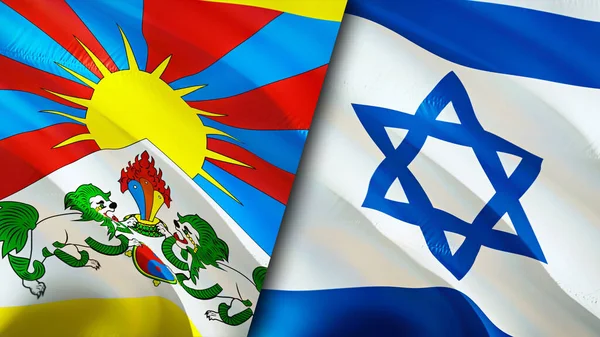 Tibet and Israel flags with scar concept. Waving flag,3D rendering. Tibet and Israel conflict concept. Tibet Israel relations concept. flag of Tibet and Israel crisis,war, attack concep