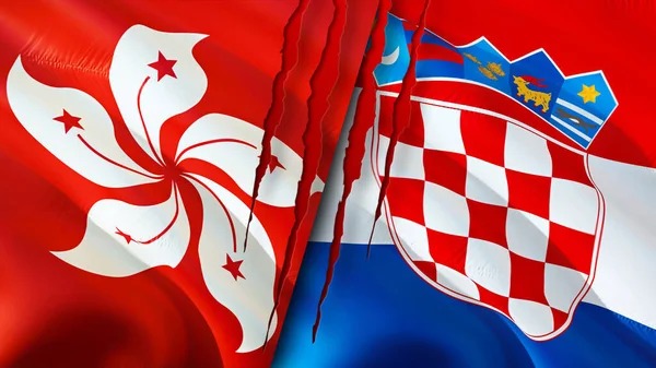 Hong Kong and Croatia flags with scar concept. Waving flag,3D rendering. Hong Kong and Croatia conflict concept. Hong Kong Croatia relations concept. flag of Hong Kong and Croatia crisis,war, attac