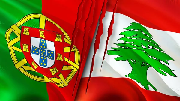 Bandeiras Portugal Líbano Com Conceito Cicatriz Bandeira Ondulada Renderização Conceito — Fotografia de Stock