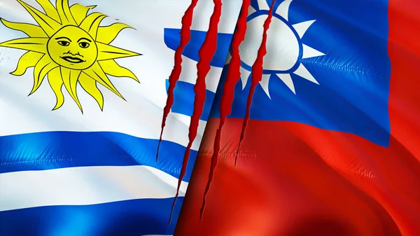 Uruguay and Taiwan flags with scar concept. Waving flag,3D rendering. Uruguay and Taiwan conflict concept. Uruguay Taiwan relations concept. flag of Uruguay and Taiwan crisis,war, attack concep