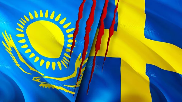 Kazakhstan and Sweden flags with scar concept. Waving flag,3D rendering. Kazakhstan and Sweden conflict concept. Kazakhstan Sweden relations concept. flag of Kazakhstan and Sweden crisis,war, attac