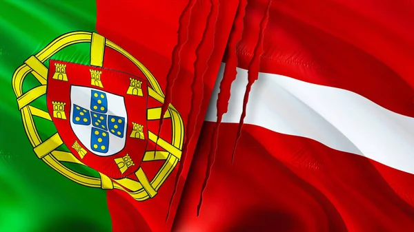 Portugal Latvia Flags Scar Concept Waving Flag Rendering Portugal Latvia — Stock Photo, Image