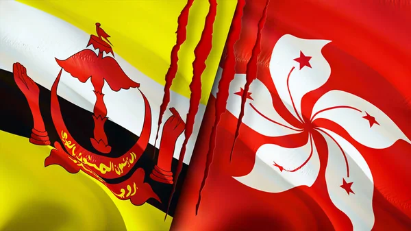 Brunei and Hong Kong flags with scar concept. Waving flag,3D rendering. Brunei and Hong Kong conflict concept. Brunei Hong Kong relations concept. flag of Brunei and Hong Kong crisis,war, attac