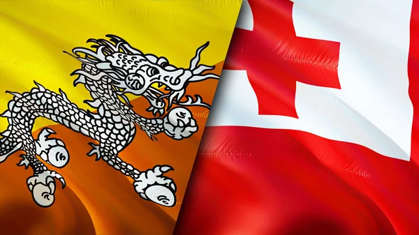 Bhutan and Tonga flags. 3D Waving flag design. Bhutan Tonga flag, picture, wallpaper. Bhutan vs Tonga image,3D rendering. Bhutan Tonga relations alliance and Trade,travel,tourism concep