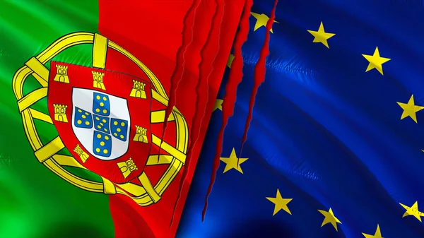 Portugal and European Union flags with scar concept. Waving flag,3D rendering. Portugal and European Union conflict concept. Portugal European Union relations concept. flag of Portugal and Europea