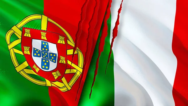 ポルトガルとイタリアは傷の概念でフラグを立てます 旗を振って3Dレンダリング ポルトガルとイタリアの紛争の概念 ポルトガルイタリア関係の概念 ポルトガルとイタリアの危機戦争攻撃コンプ — ストック写真