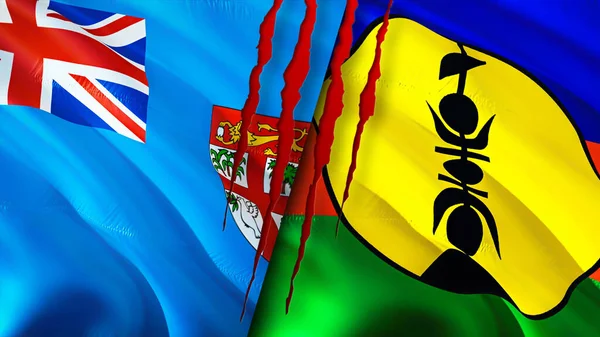 フィジーとニューカレドニアは傷の概念で旗を掲げる 旗を振って3Dレンダリング フィジーとニューカレドニアの紛争の概念 ニューカレドニア関係の概念 フィジーとニューカレドニアの旗戦争 — ストック写真