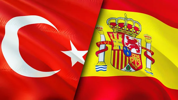 Turkey and Spain flags. 3D Waving flag design. Turkey Spain flag, picture, wallpaper. Turkey vs Spain image,3D rendering. Turkey Spain relations alliance and Trade,travel,tourism concep