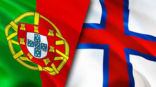 ポルトガルとフェロー諸島の旗 3D波動旗のデザイン ポルトガルフェロー諸島の旗 ポルトガル対フェロー諸島の画像 3Dレンダリング ポルトガルフェロー諸島関係 — ストック写真