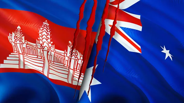 Cambodia and Australia flags with scar concept. Waving flag,3D rendering. Cambodia and Australia conflict concept. Cambodia Australia relations concept. flag of Cambodia and Australia crisis,war