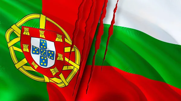 Portugal and Bulgaria flags with scar concept. Waving flag,3D rendering. Portugal and Bulgaria conflict concept. Portugal Bulgaria relations concept. flag of Portugal and Bulgaria crisis,war, attac