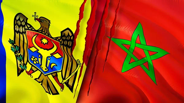 Moldawische Und Marokkanische Flaggen Mit Narbenkonzept Fahnenschwenken Rendering Konfliktkonzept Moldawien — Stockfoto