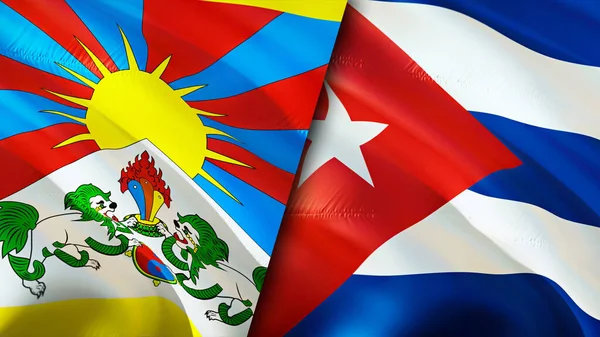 Tibet and Cuba flags with scar concept. Waving flag,3D rendering. Tibet and Cuba conflict concept. Tibet Cuba relations concept. flag of Tibet and Cuba crisis,war, attack concep