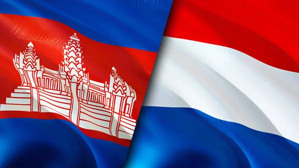 Cambodia and Netherlands flags. 3D Waving flag design. Cambodia Netherlands flag, picture, wallpaper. Cambodia vs Netherlands image,3D rendering. Cambodia Netherlands relations alliance an
