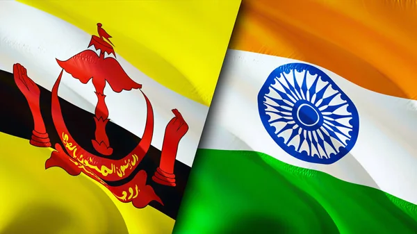 Brunei and India flags. 3D Waving flag design. Brunei India flag, picture, wallpaper. Brunei vs India image,3D rendering. Brunei India relations alliance and Trade,travel,tourism concep