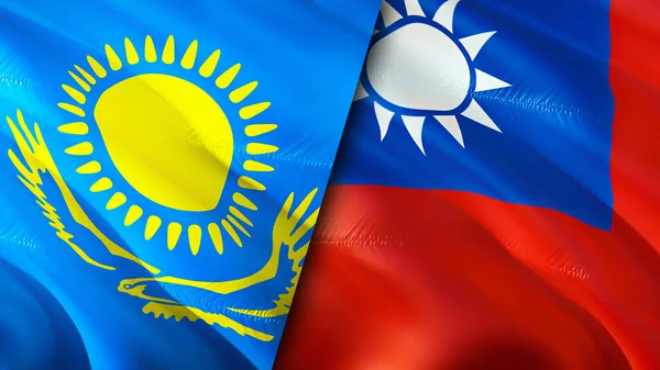 Kazakistan Tayvan Bayrakları Boyutlu Dalgalanan Bayrak Tasarımı Kazakistan Tayvan Bayrağı — Stok fotoğraf