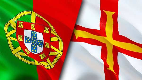 ポルトガルとガーンジーの旗 3D波動旗のデザイン ポルトガルガーンジー旗 ポルトガル対ガーンジー画像 3Dレンダリング ポルトガルガーンジー関係と貿易 ツアー — ストック写真