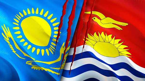 Kazakhstan and Kiribati flags with scar concept. Waving flag,3D rendering. Kazakhstan and Kiribati conflict concept. Kazakhstan Kiribati relations concept. flag of Kazakhstan and Kiribat