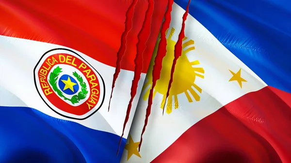 Paraguay and Philippines flags with scar concept. Waving flag,3D rendering. Paraguay and Philippines conflict concept. Paraguay Philippines relations concept. flag of Paraguay and Philippine