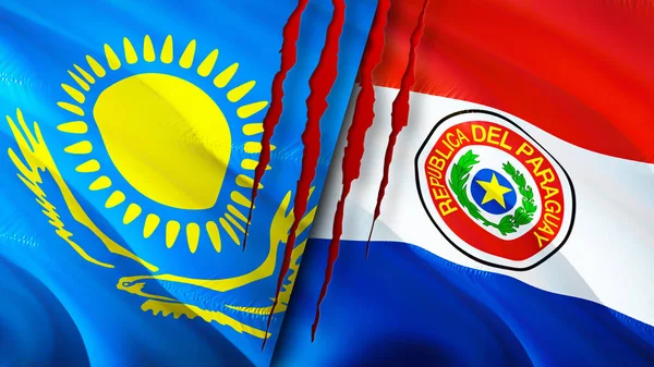 Kazakhstan and Paraguay flags with scar concept. Waving flag,3D rendering. Kazakhstan and Paraguay conflict concept. Kazakhstan Paraguay relations concept. flag of Kazakhstan and Paragua