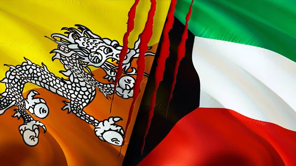 Bhután Kuvait Zászlók Sebhely Koncepcióval Lengő Zászló Renderelés Bhután Kuvait — Stock Fotó