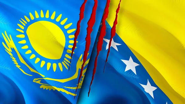 Kazakhstan and Bosnia and Herzegovina flags with scar concept. Waving flag,3D rendering. Kazakhstan and Bosnia and Herzegovina conflict concept. Kazakhstan Bosnia and Herzegovina relations concept