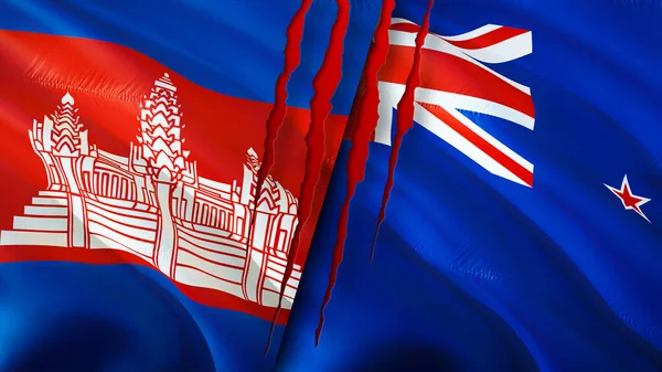 柬埔寨和新西兰的国旗带有伤疤概念 飘扬的旗帜 3D渲染 柬埔寨和新西兰冲突概念 柬埔寨新西兰关系概念 柬埔寨和新西兰国旗 — 图库照片