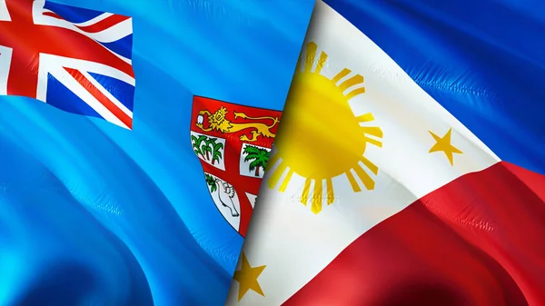 斐济和菲律宾的国旗 3D波浪旗帜设计 斐济国旗 斐济对菲律宾的图像 3D渲染 斐济菲律宾关系联盟与贸易 — 图库照片